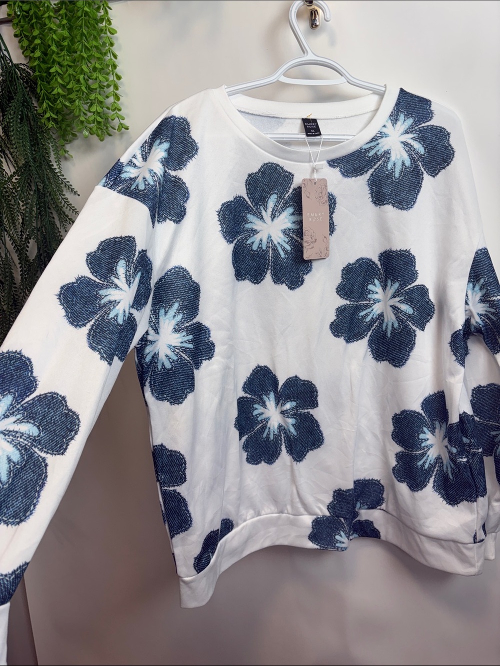 White Crewneck Sweatshirt with Navy Floral Print